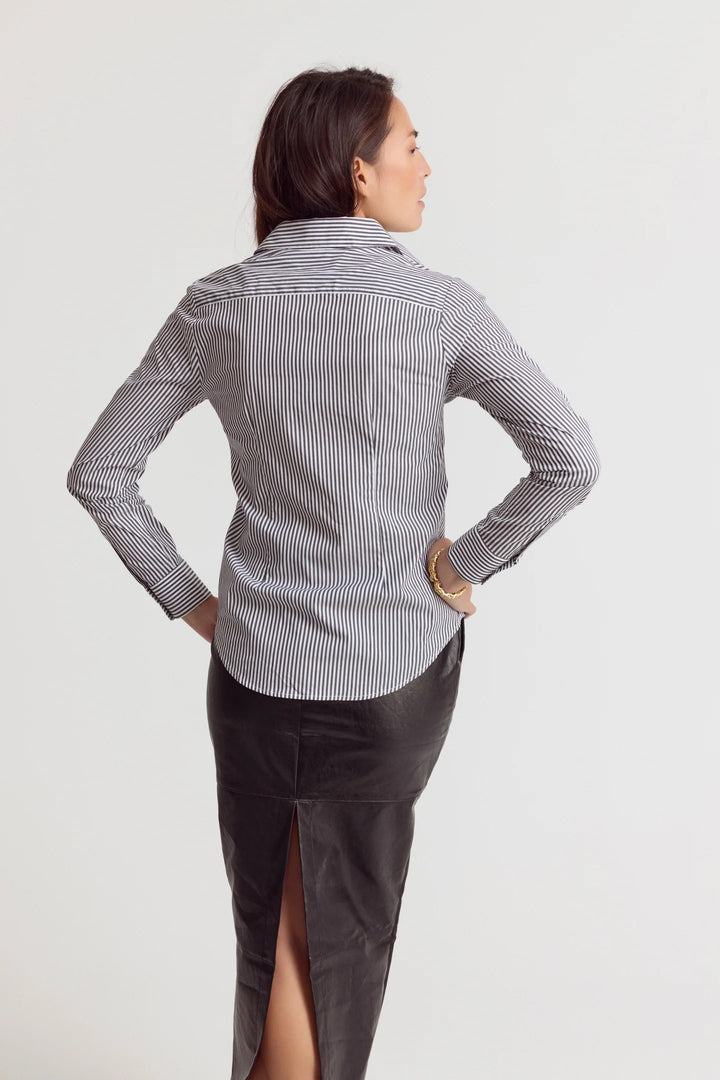 Rochelle Behrens Icon shirt in charcoal stripe, a stylish women's top with a comfortable fit and modern striped design.