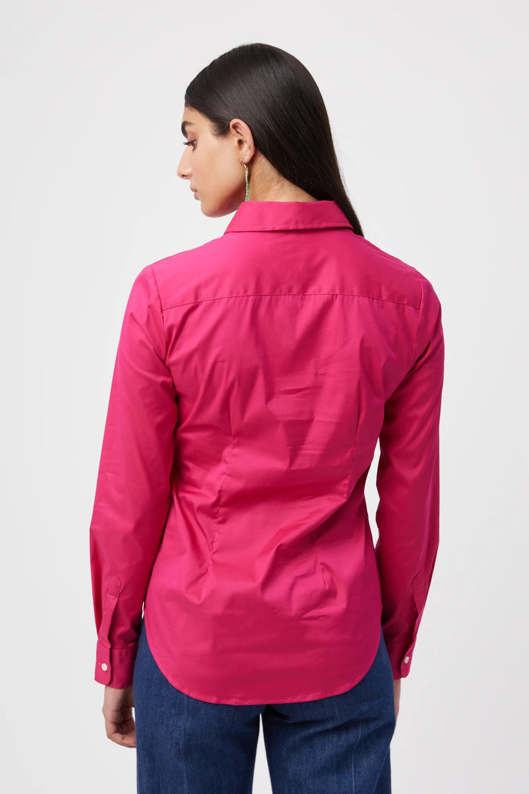 Rochelle Behrens fuchsia icon shirt, a stylish women's top with a vibrant color and modern fit, shown on a model.