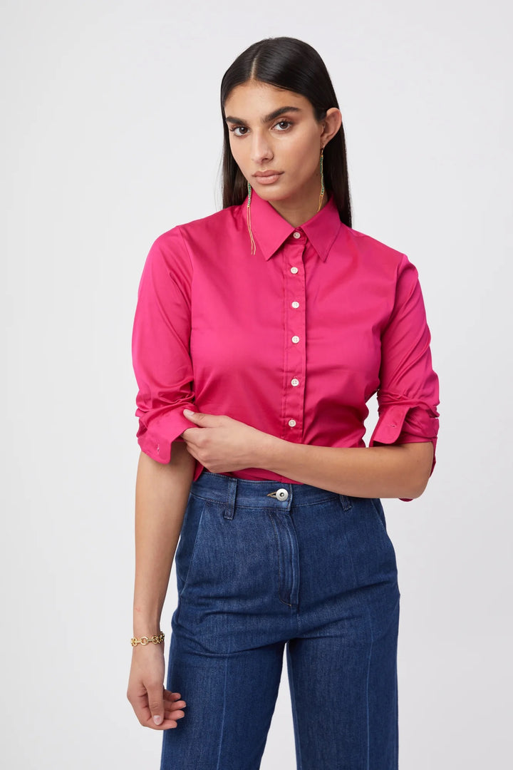 Rochelle Behrens Icon shirt in vibrant fuchsia, stylish tops with a flattering fit and smooth fabric, shown on a model.