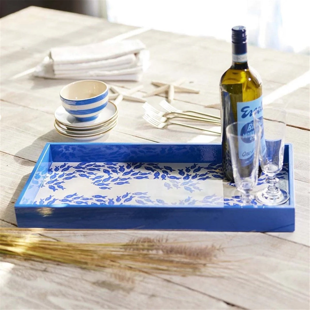 Oblong art tray by Rockflowerpaper for home decor, featuring a colorful artistic design on a rectangular tray.