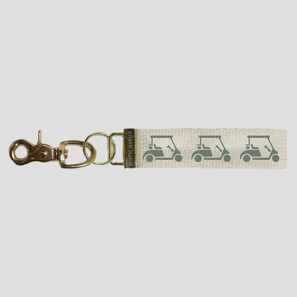 Rustic Marlin golf cart keychain, a gift accessory featuring a detailed miniature golf cart model on a keyring.