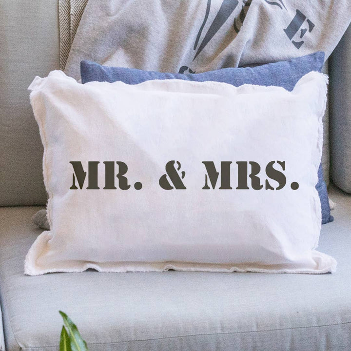 Rustic Marlin Mr & Mrs lumbar pillow with beige fabric and embroidered "Mr & Mrs" text, perfect for home decor.