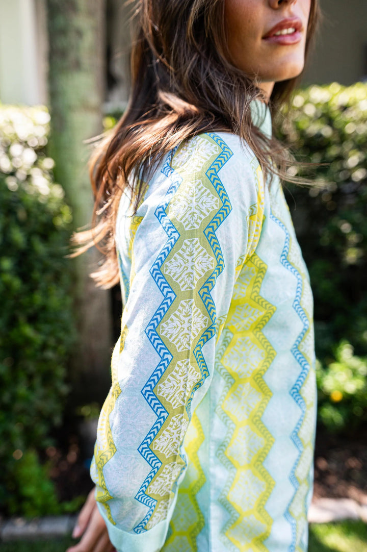 Sail to Sable Jana Geo Stripe Tunic dress with vibrant geometric patterns, lightweight fabric, and relaxed fit, perfect for summer wear.
