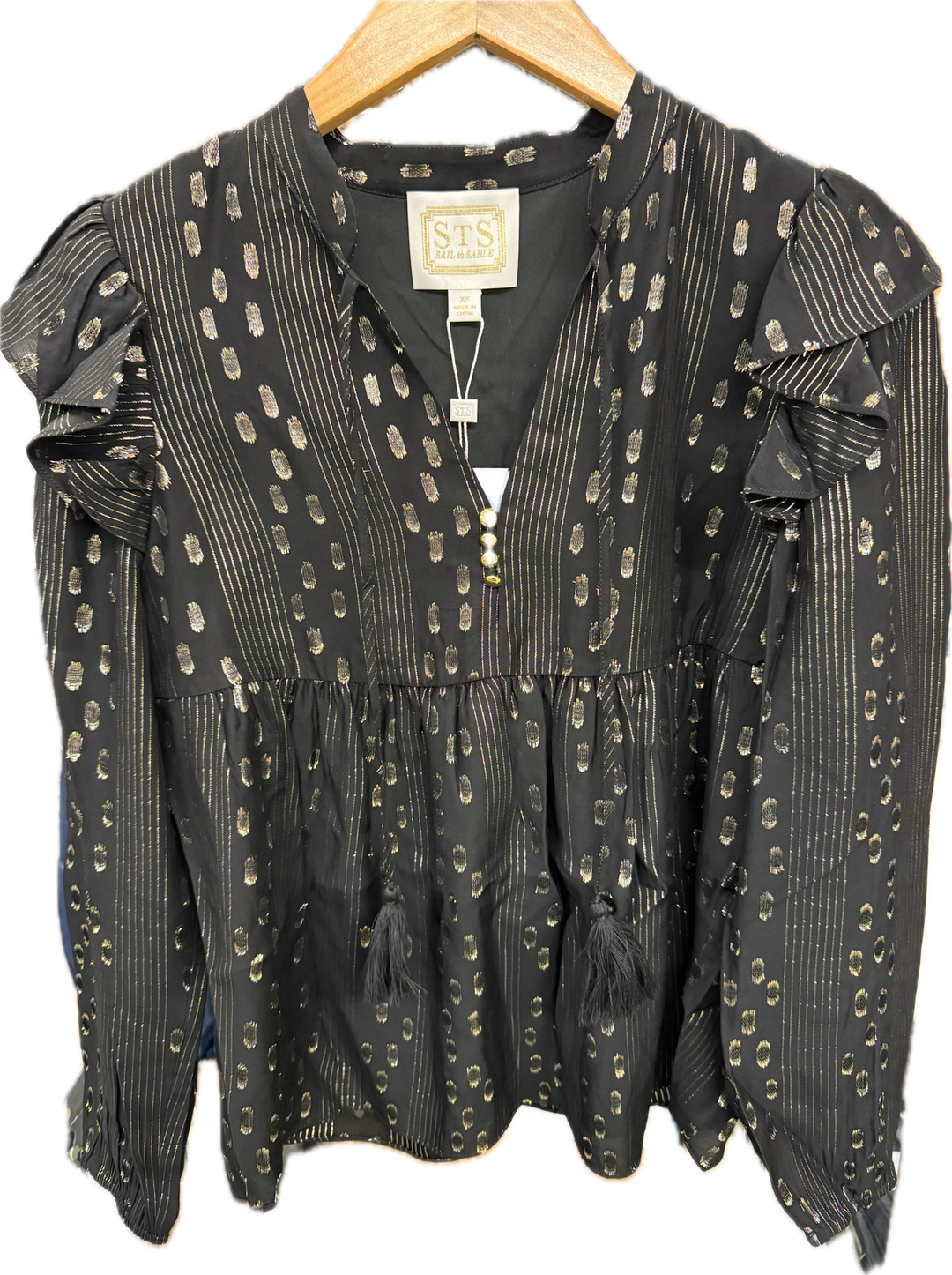 Sail to Sable Lurex Ruffle Dot Top featuring a ruffled neckline and dotted pattern, stylish tops for a chic look.