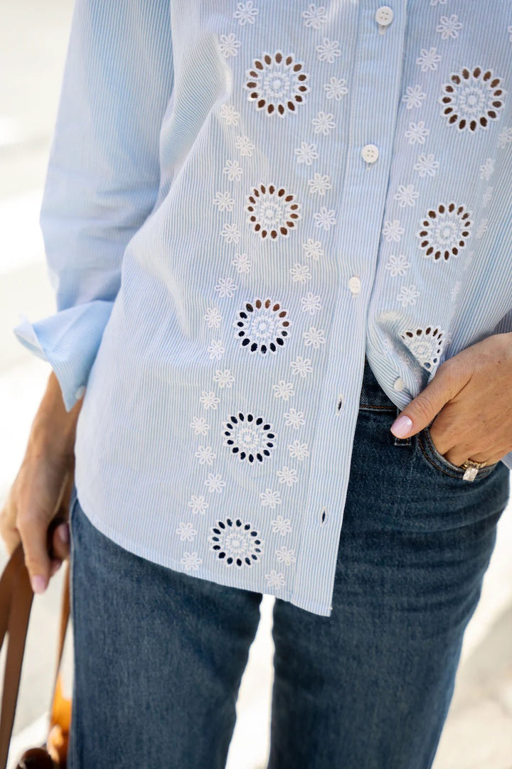 Sail to Sable embroidered button-down shirt, casual tops with floral embroidery, long sleeves, and collar detail.