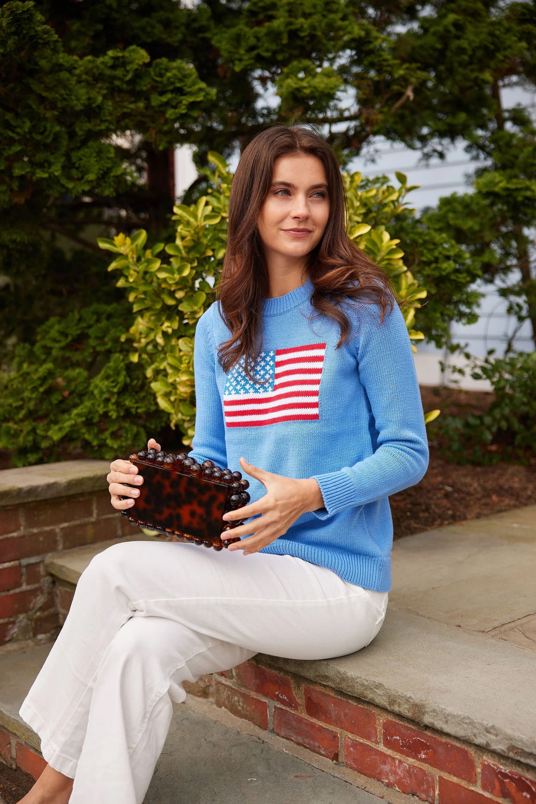 Sail to Sable Flag Sweater in Hydrangea, a cozy knit top with a vibrant flag pattern, perfect for stylish casual wear.