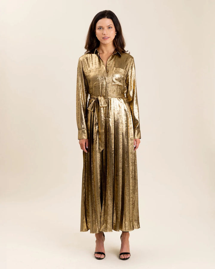 Sedge Adair bronze dress featuring a flowing design, sleeveless style, and elegant fabric perfect for formal occasions.