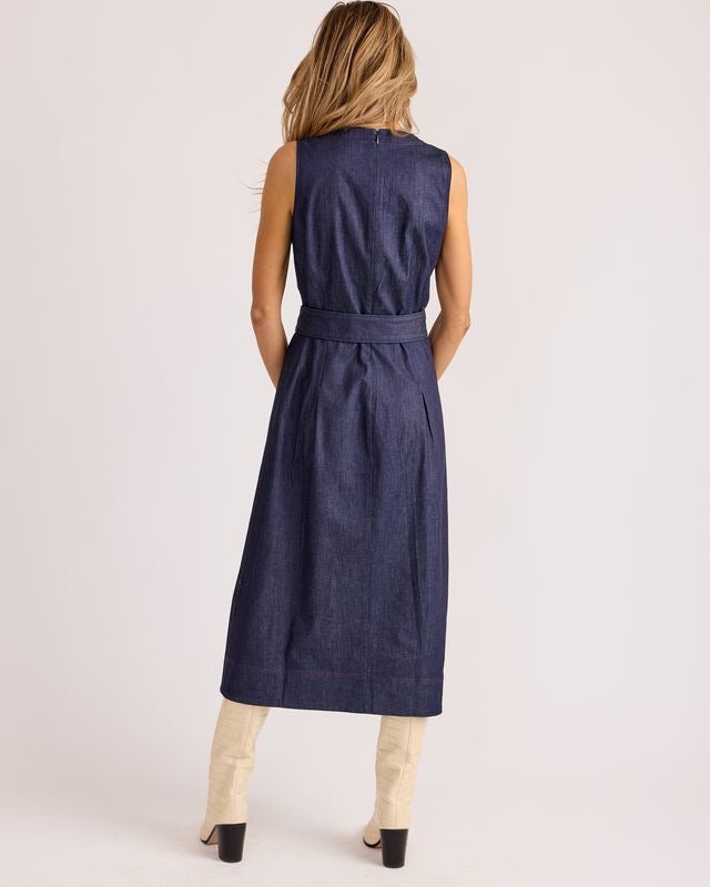 Sedge Camille Ink Blue dress, stylish women's dress with a fitted silhouette and elegant design, displayed on a hanger.