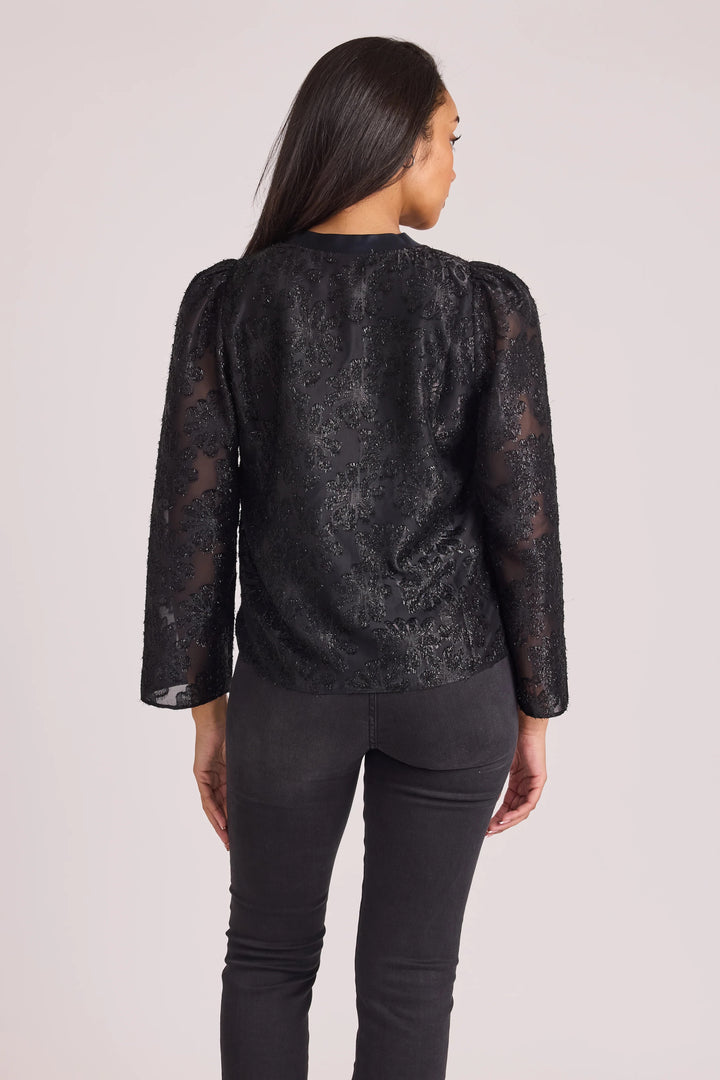 Sedge Jolie Onyx Floral Blouse, stylish women's top with black and white floral pattern, lightweight fabric, and feminine fit.