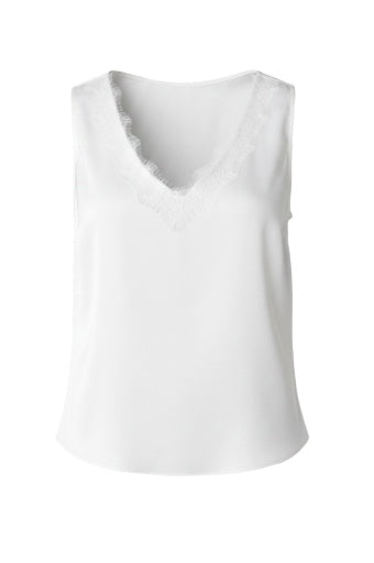 V-Neck Woven Tank with Lace Trim - Whipped Cream