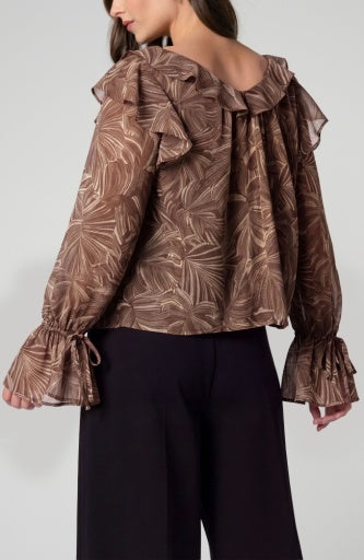 Liverpool Jeans long sleeve woven blouse with double ruffle V-neck and feminine design, perfect for stylish tops.