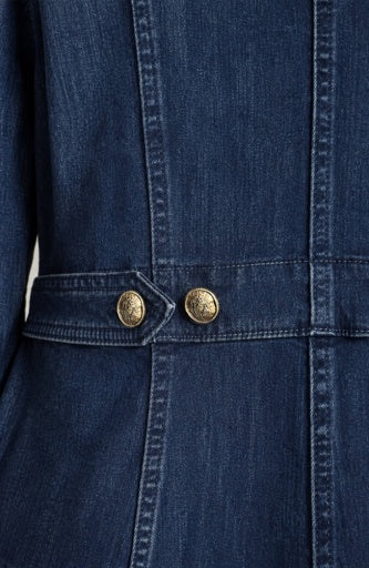 Liverpool Jeans peplum jacket with tab detail, stylish tops featuring a fitted silhouette and chic design.
