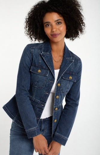 Liverpool Jeans peplum jacket with tab detail, stylish women's tops featuring a fitted silhouette and trendy design.