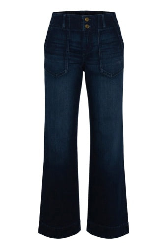 Liverpool Jeans patch pocket wide leg bottoms with 31-inch inseam, featuring a relaxed fit and casual style.
