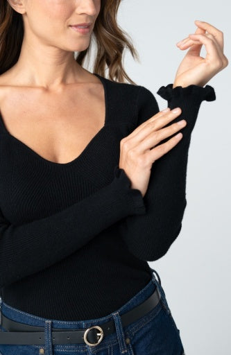 Liverpool Jeans long sleeve sweetheart neck sweater with ruffle detail, stylish and cozy top for casual or dressy occasions.