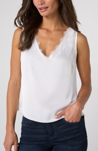 V-Neck Woven Tank with Lace Trim - Whipped Cream