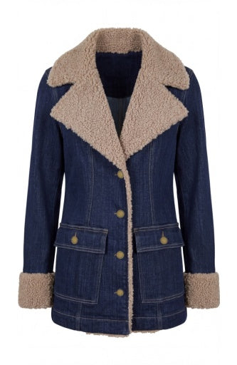 Liverpool Jeans Sherpa Trimmed Denim Jacket, stylish blue denim top with cozy sherpa collar and trim, casual outerwear for women.