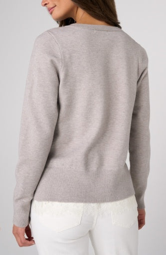 Lace trim V-neck sweater from Liverpool Jeans, lightweight knit top with delicate lace accents and long sleeves.
