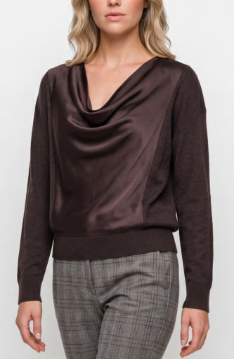 Long sleeve drape neck woven sweater hybrid by Liverpool Jeans, featuring a relaxed fit and textured fabric in natural colors.