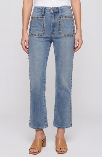 Liverpool Jeans Hannah flare bottoms with patch pockets and stud accents, showcasing a stylish and trendy denim design.