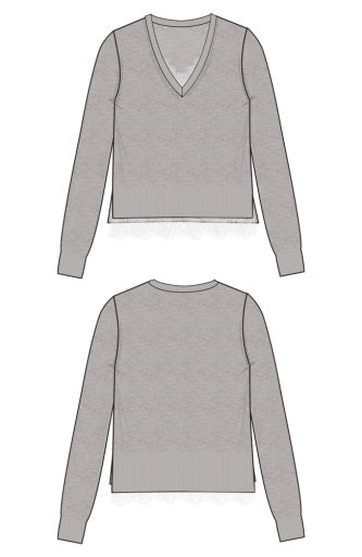 Lace trim V-neck sweater from Liverpool Jeans, soft knit tops with delicate lace detail on the neckline.