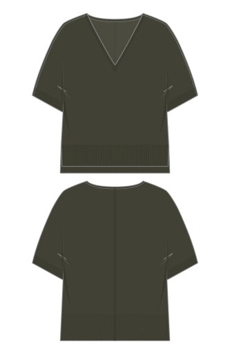 Liverpool Jeans short sleeve V-neck dolman popover sweater with step hem in Hunter Green, petite fit.