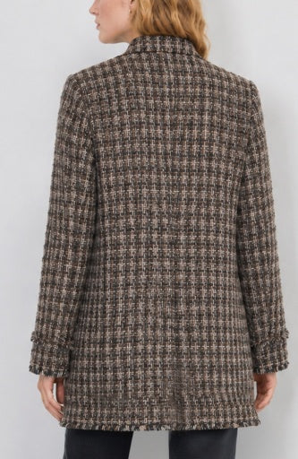 Mandarin collar tweed coat by Liverpool Jeans, stylish tops with a textured pattern and classic design, suitable for fall fashion.