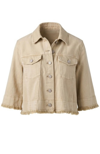 Liverpool Jeans 3/4 sleeve frayed flounce jacket, casual tops with distressed edges and a relaxed fit, displayed on a hanger.