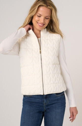 Liverpool Jeans sleeveless reversible zip-front quilted sweater vest, shown in a close-up of the front with quilted fabric.