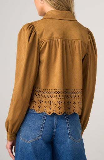 Light pink puff sleeve jacket with laser cut hem, stylish tops by Liverpool Jeans, shown on a model.