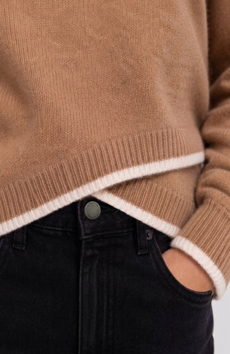 Liverpool Jeans long sleeve crewneck sweater with cream tulip hem, featuring a soft knit fabric and relaxed fit.