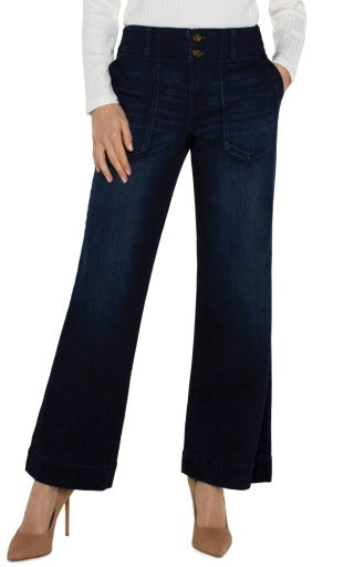 Liverpool Jeans patch pocket wide-leg bottoms with 31-inch inseam, shown hanging with a relaxed fit and light denim fabric.