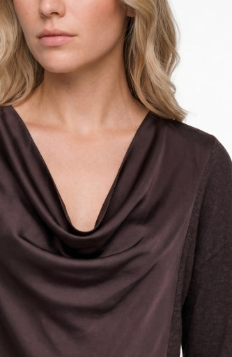 Liverpool Jeans long sleeve drape neck woven sweater hybrid, stylish top with a relaxed fit and draped neckline.