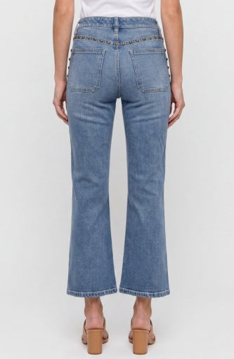 Liverpool Jeans Hannah flare bottoms with patch pockets and stud accents, showcasing a stylish and trendy denim design.