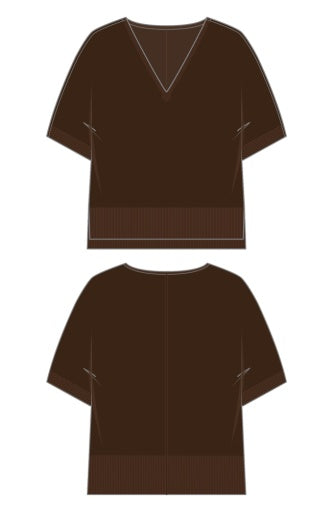 Liverpool Jeans short sleeve V-neck dolman popover sweater with step hem in Java, petite fit.