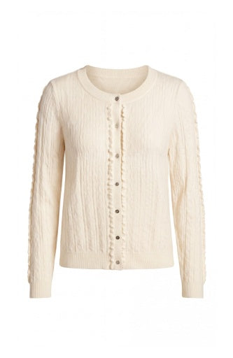 Long Sleeve Button-Front Cardigan Sweater with Ruffles - Cream