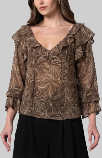 Liverpool Jeans long sleeve woven blouse with double ruffle V-neck and feminine detailing, perfect for stylish casual wear.