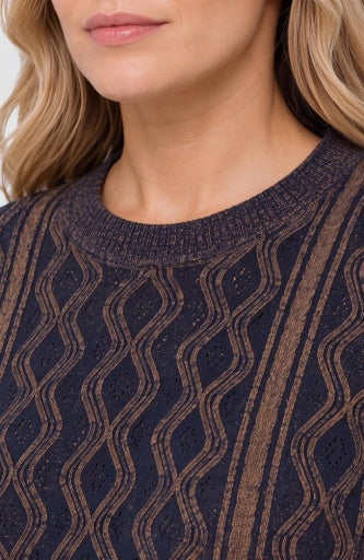 Liverpool Jeans long sleeve crewneck sweater, soft knit top in neutral color, shown on a hanger with a casual style.