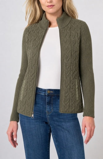 Liverpool Jeans long sleeve zip front quilted sweater jacket, stylish and warm tops, with a quilted design and front zipper closure.