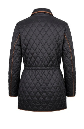 Liverpool Jeans zip front quilted coat with cinched waist, stylish tops featuring a warm quilted design and fitted silhouette.
