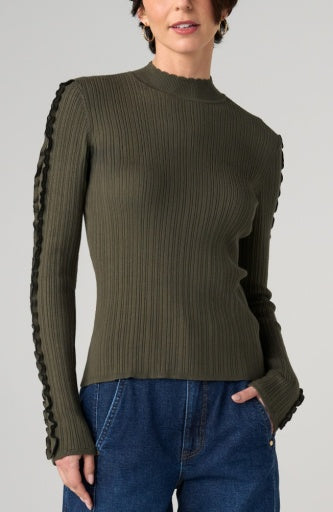 Liverpool Jeans mock neck long sleeve sweater, navy blue tops with ribbed cuffs and a fitted silhouette, front view.