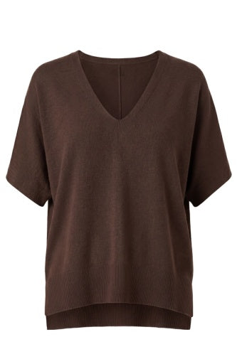 Short Sleeve V-Neck Dolman Popover Sweater with Step Hem - Java