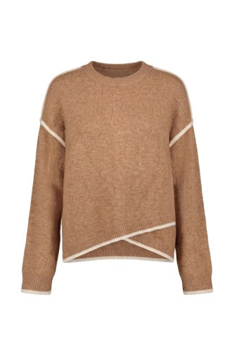 Liverpool Jeans long sleeve crewneck sweater with cream tulip hem, featuring a soft knit fabric and relaxed fit.