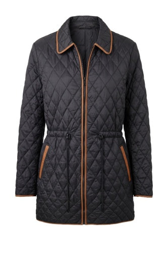 Liverpool Jeans zip front quilted coat with cinched waist, stylish tops featuring a warm quilted design and fitted silhouette.