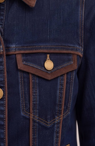 Liverpool Jeans classic trucker top with velvet detailing, showcasing a stylish denim jacket with textured velvet accents.