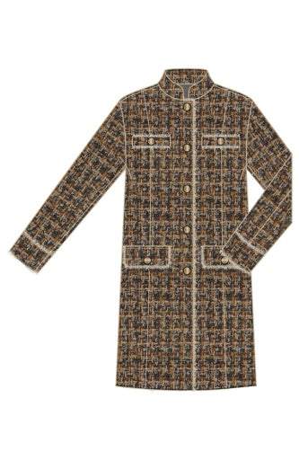 Liverpool Jeans Mandarin Collar Tweed Coat, stylish tops featuring a classic tweed fabric and Mandarin collar design.