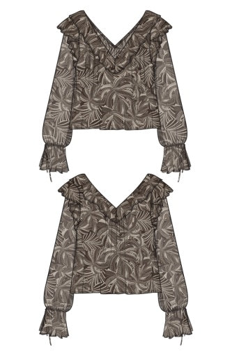 Long sleeve woven blouse with double ruffle V-neck and button details, in a soft, flowy fabric from Liverpool Jeans.