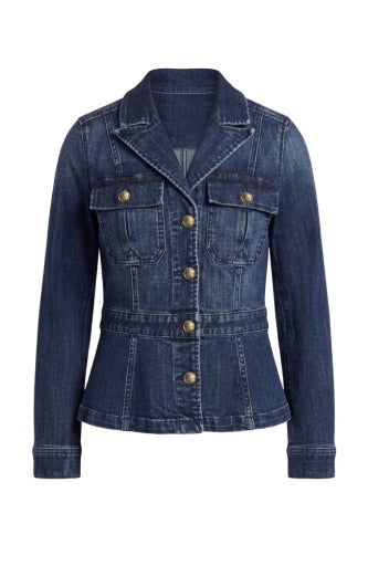 Liverpool Jeans peplum jacket with tab detail, featuring a stylish tailored top with structured design and button accents.