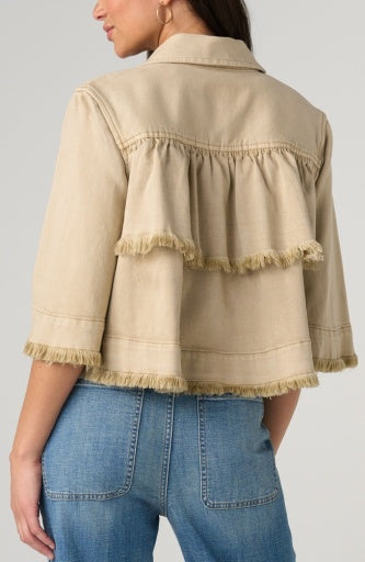 Liverpool Jeans 3/4 sleeve frayed flounce jacket, casual top with frayed edges and flounce detail, stylish and lightweight.