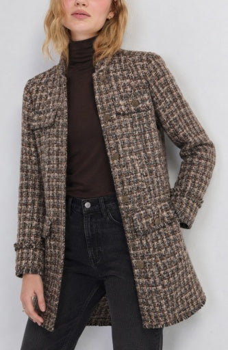 Liverpool Jeans Mandarin Collar Tweed Coat, stylish tops with a classic mandarin collar and textured tweed fabric, front view.